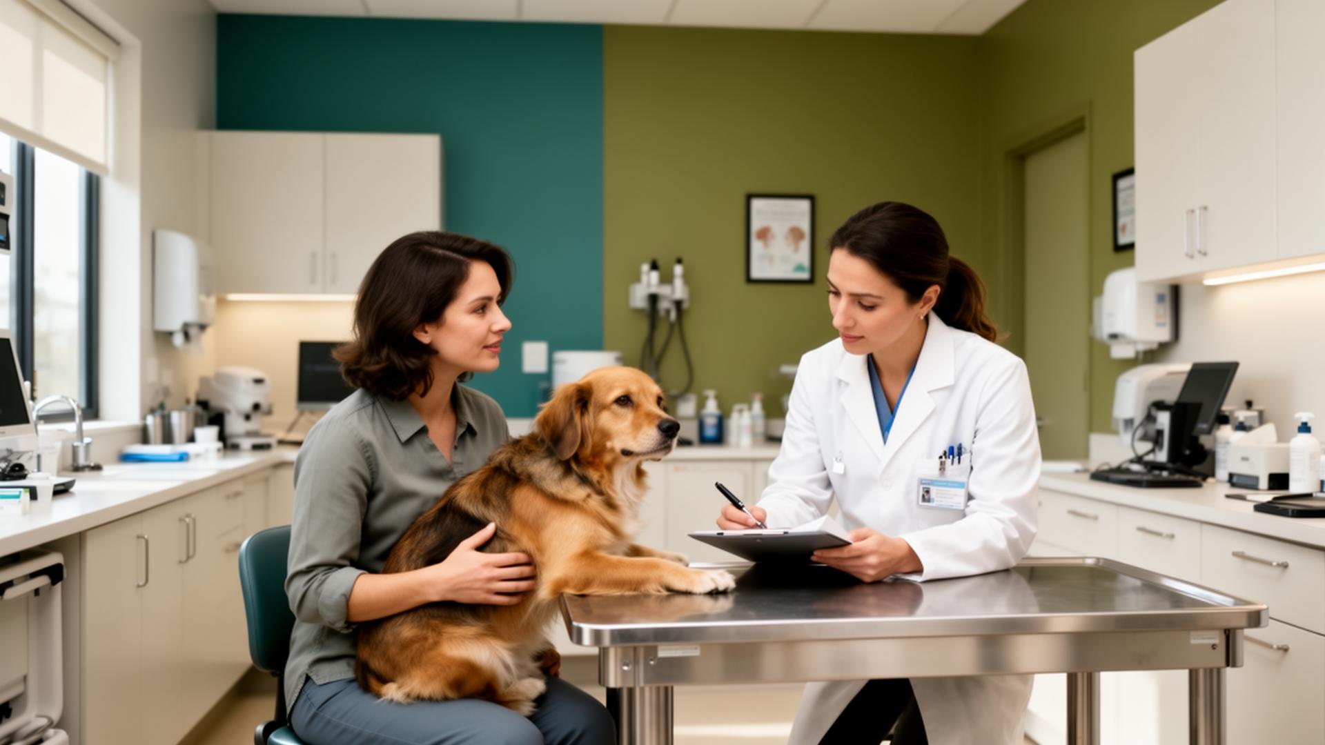 Médica veterinária em consulta com tutora e cachorro em hospital veterinário